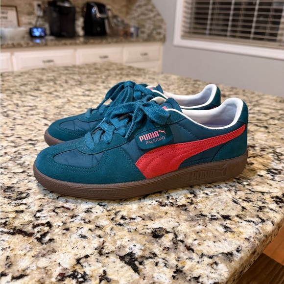 Puma Palermo Teal Suede Sneakers with Coral Stripe - Picture 2 of 6